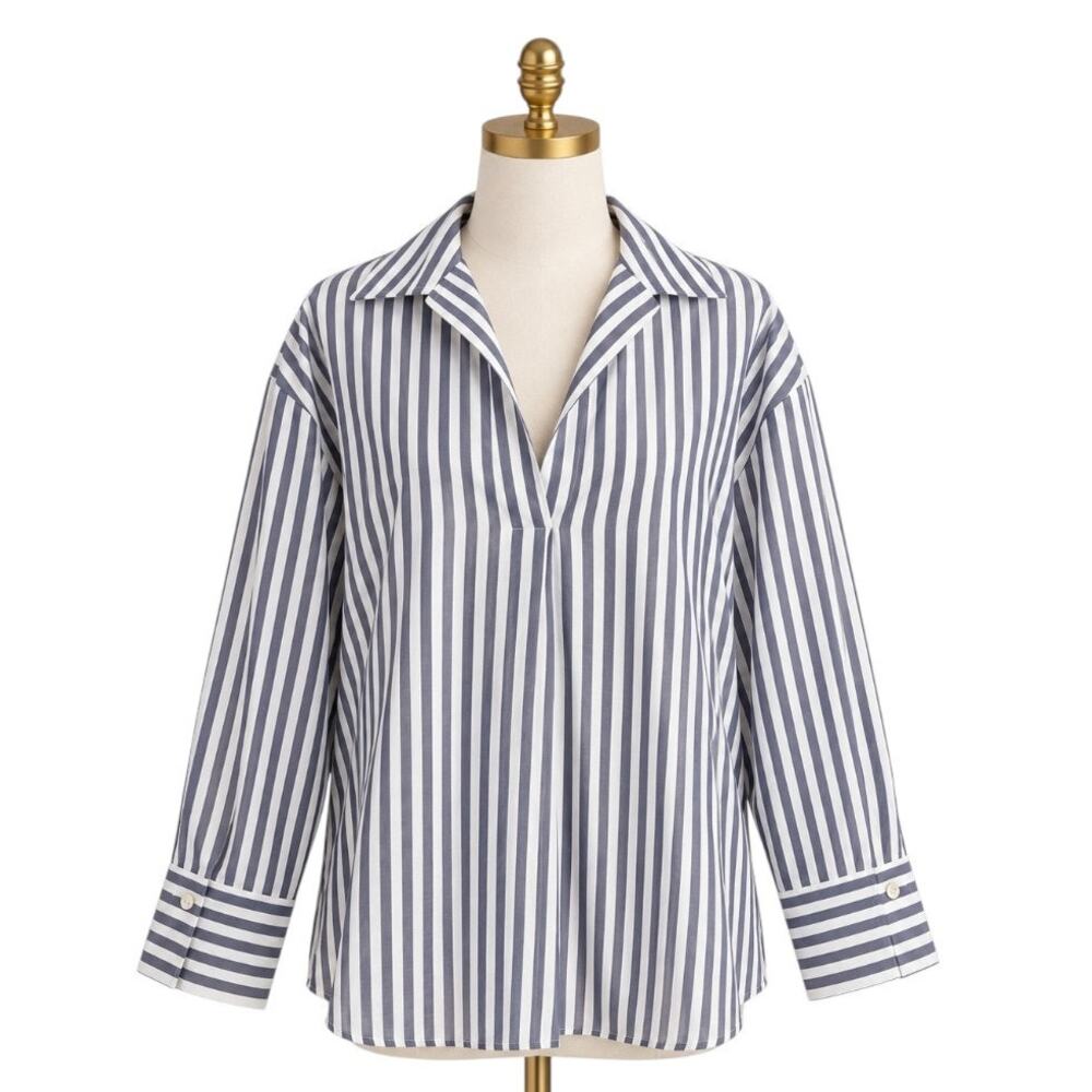 Vince Coastal Stripe Blue White Tencel Popover Shirt S